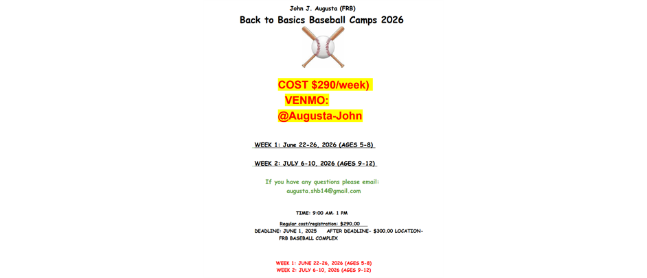 Back to Basics Baseball Summer Camps 2026 @ FRB